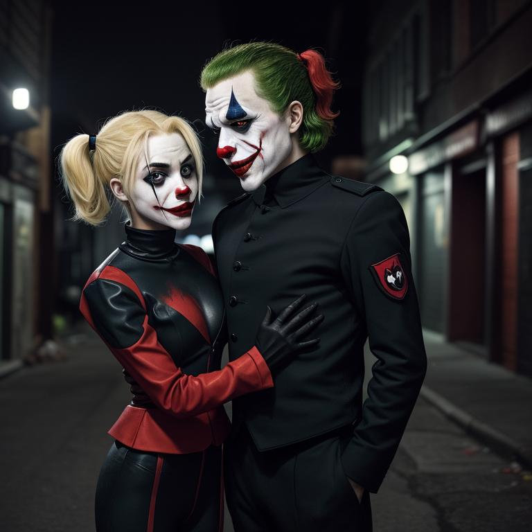 absurdres movie, couple, short haired clown as the joker wearing suit holdings hands with cute harley quinn, at night, detailed faces, green eyes, dark alley, moon, :) face. red ponytail, blonde ponytail, in matte black hardsuit, military, roughed up, bat, city fog, AI prompt