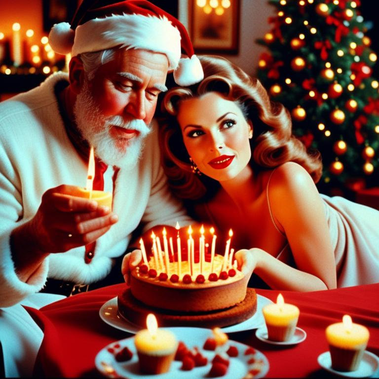 analog 1990 movie screenshot beautiful woman with husband enjoying cake with candles. Santa Claus sitting with a pretty girl, detailed brown eyes, Gift Birthday Theme by Gil_Elvgren and Haddon_Sundblom. Closeup. Flux prompts