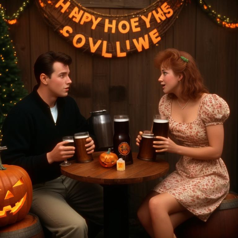 1990 movie screenshot. young husband with beautiful wife. festive scene at a copper brewery with a wooden keg of beer in the center. sitting cute girl. Display mugs of dark beer. faces. accompanied Shirley by halloween ingredients AI prompt